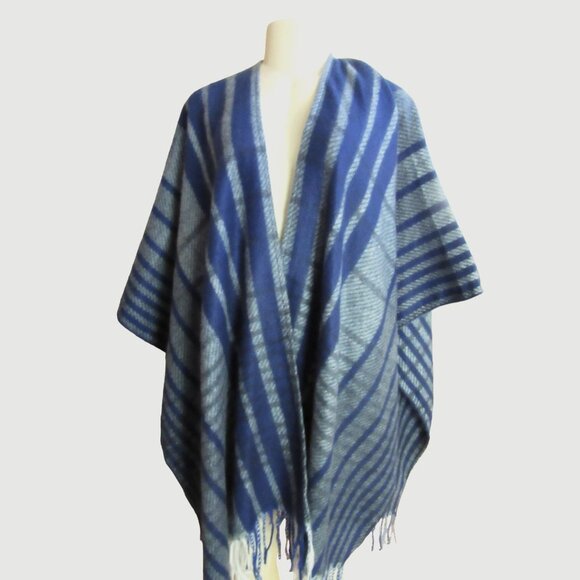 Woolrich Sweaters - Woolrich One Size Blue Stripe Blanket Style Ponch Shawl w Fringe, Super Soft
